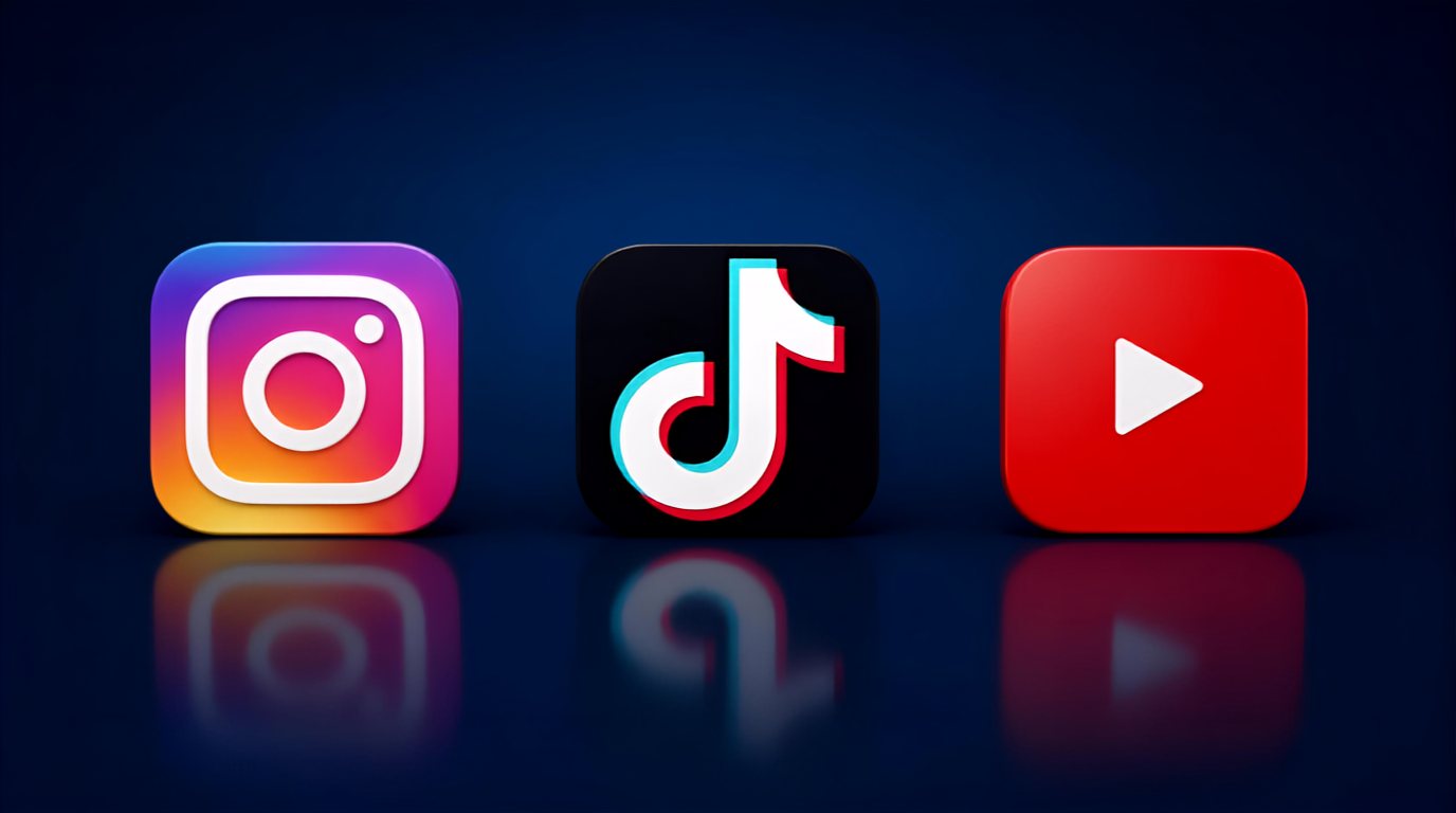 Marcas do Instagram, TikTok e YouTube lado a lado, sobre fundo escuro com reflexo