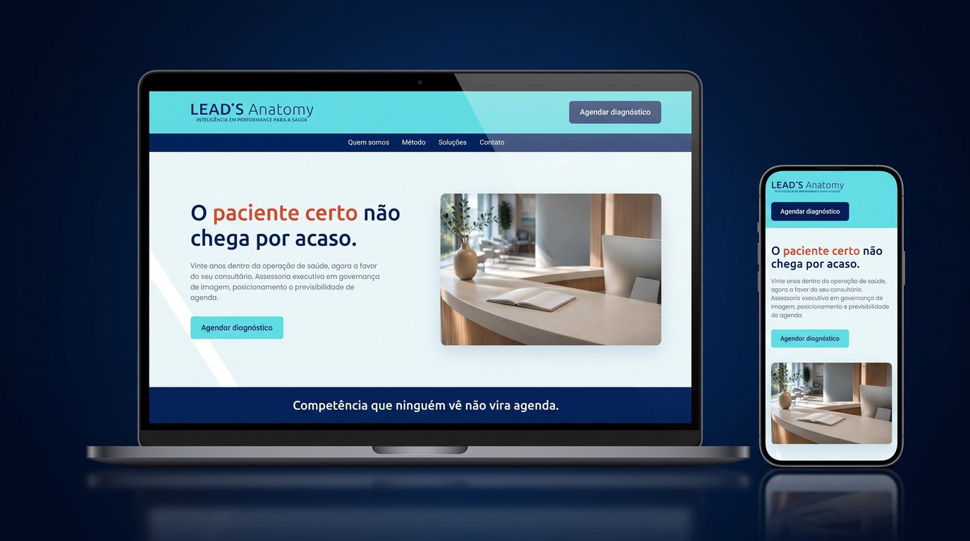 Um site aberto em um notebook e em um celular, lado a lado sobre fundo escuro