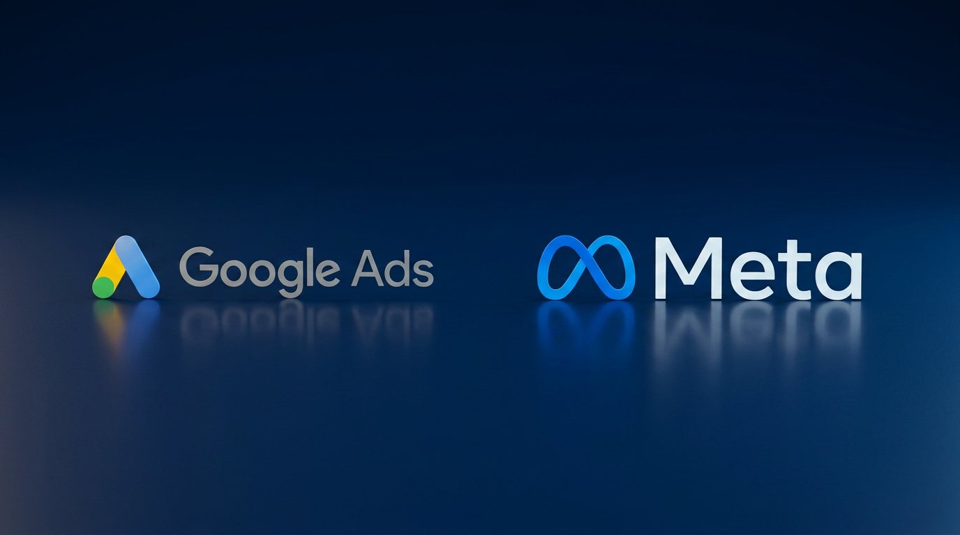 Marcas do Google Ads e da Meta lado a lado, sobre fundo escuro com reflexo